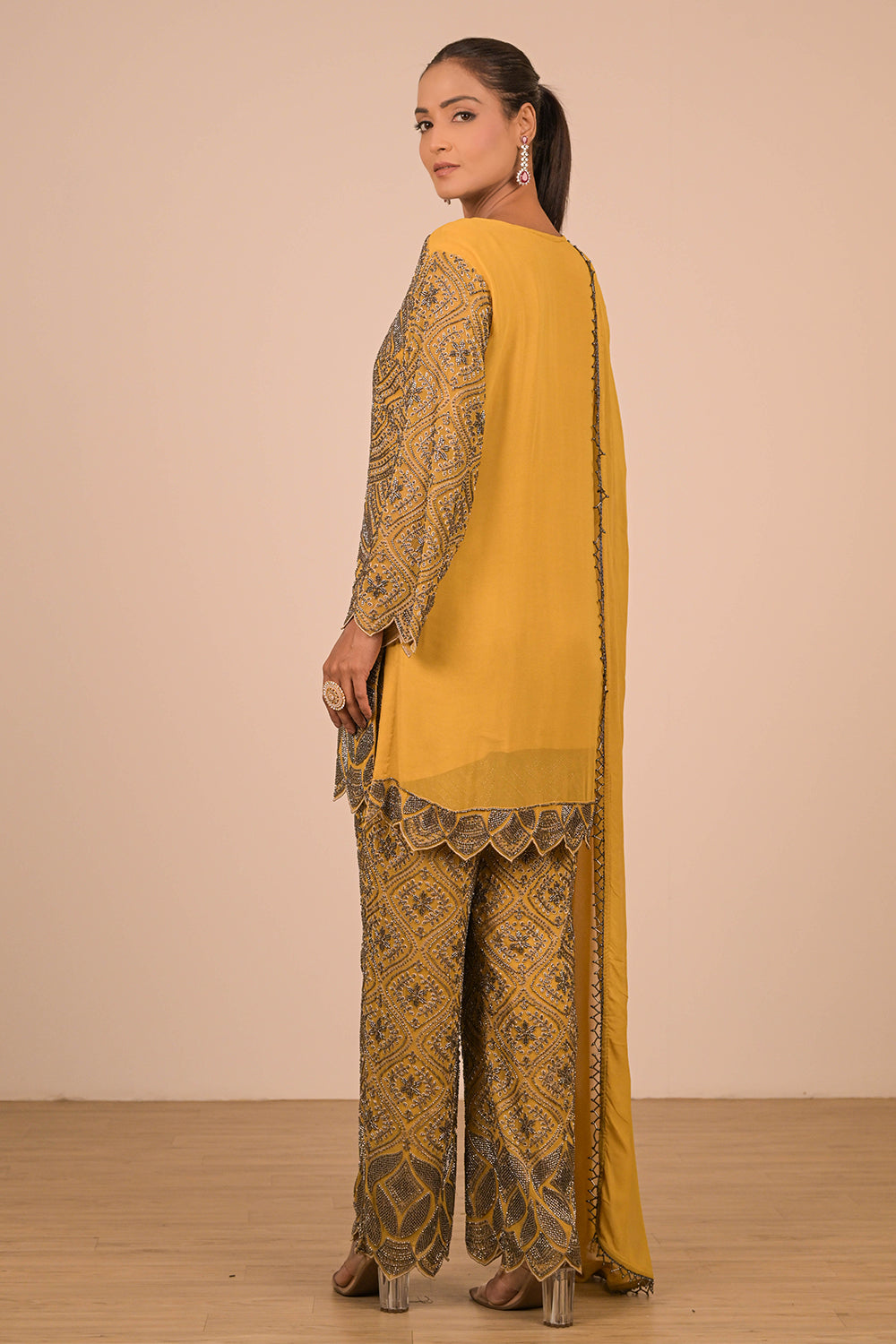 Mustard Georgette Suit Set with Intricate Moti Embroidery
