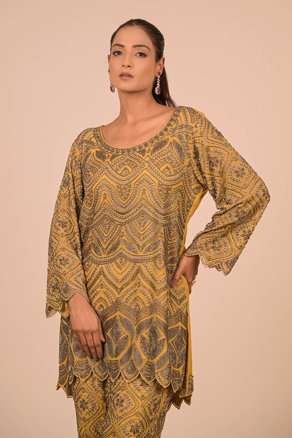 Mustard Georgette Suit Set with Intricate Moti Embroidery