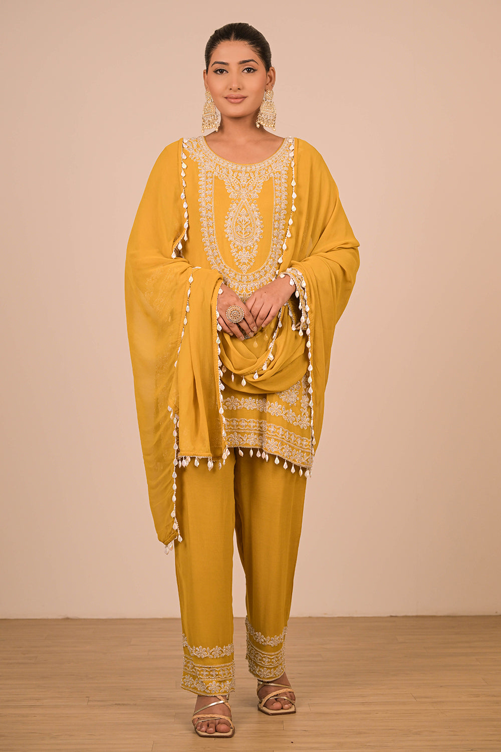 Mustard Yellow Georgette Suit Set with Intricate Moti Embroidery