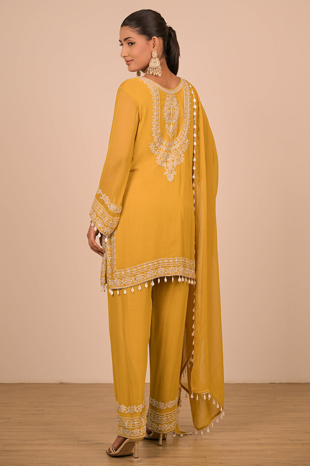 Mustard Yellow Georgette Suit Set with Intricate Moti Embroidery