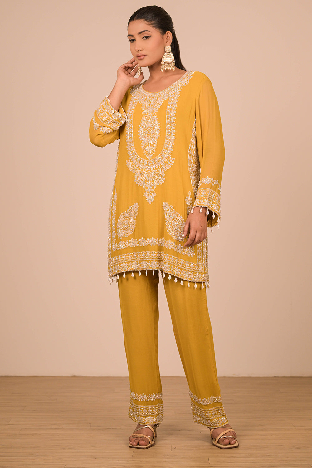 Mustard Yellow Georgette Suit Set with Intricate Moti Embroidery