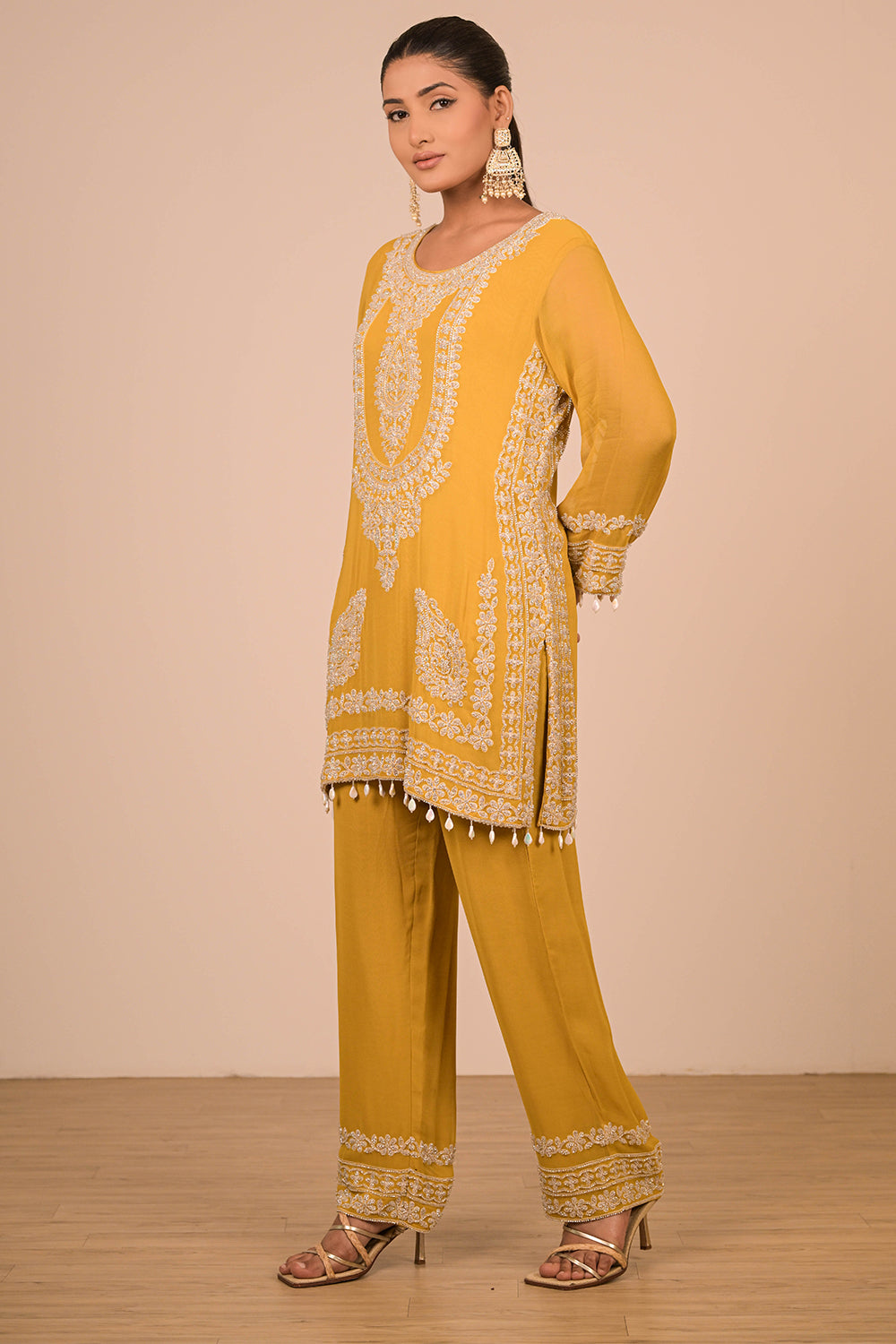 Mustard Yellow Georgette Suit Set with Intricate Moti Embroidery