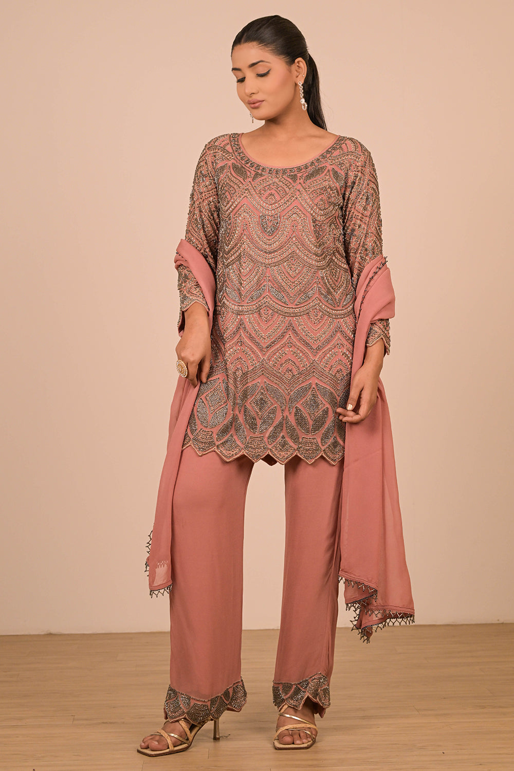 Onion Pink Georgette Short Suit with Intricate Moti Embroidery