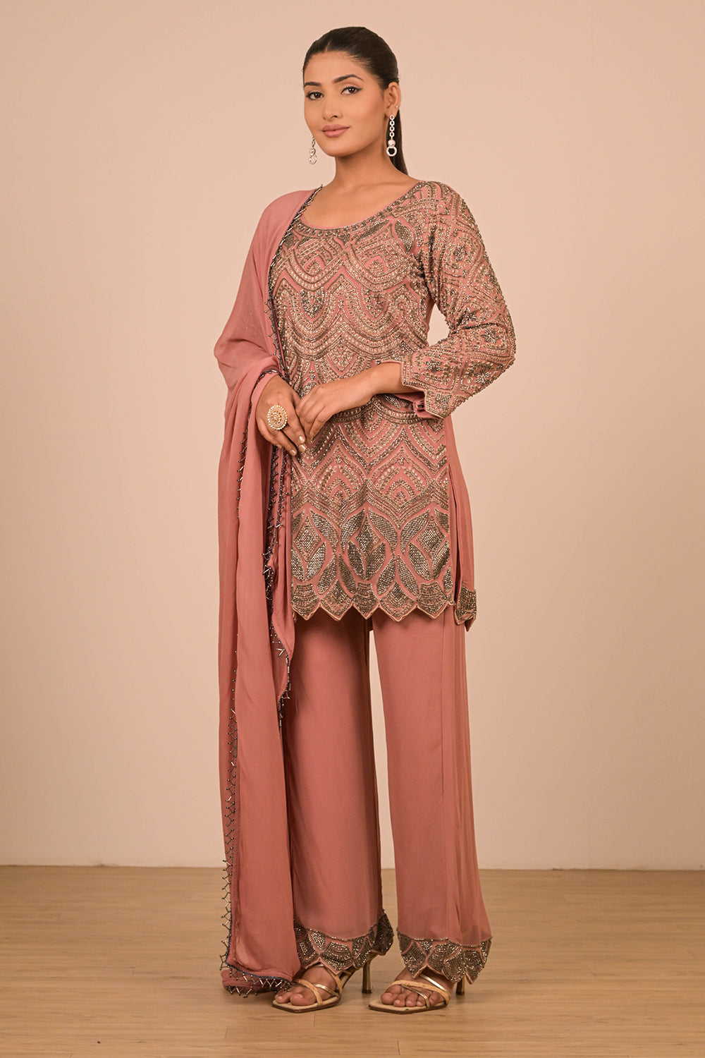 Onion Pink Georgette Short Suit with Intricate Moti Embroidery