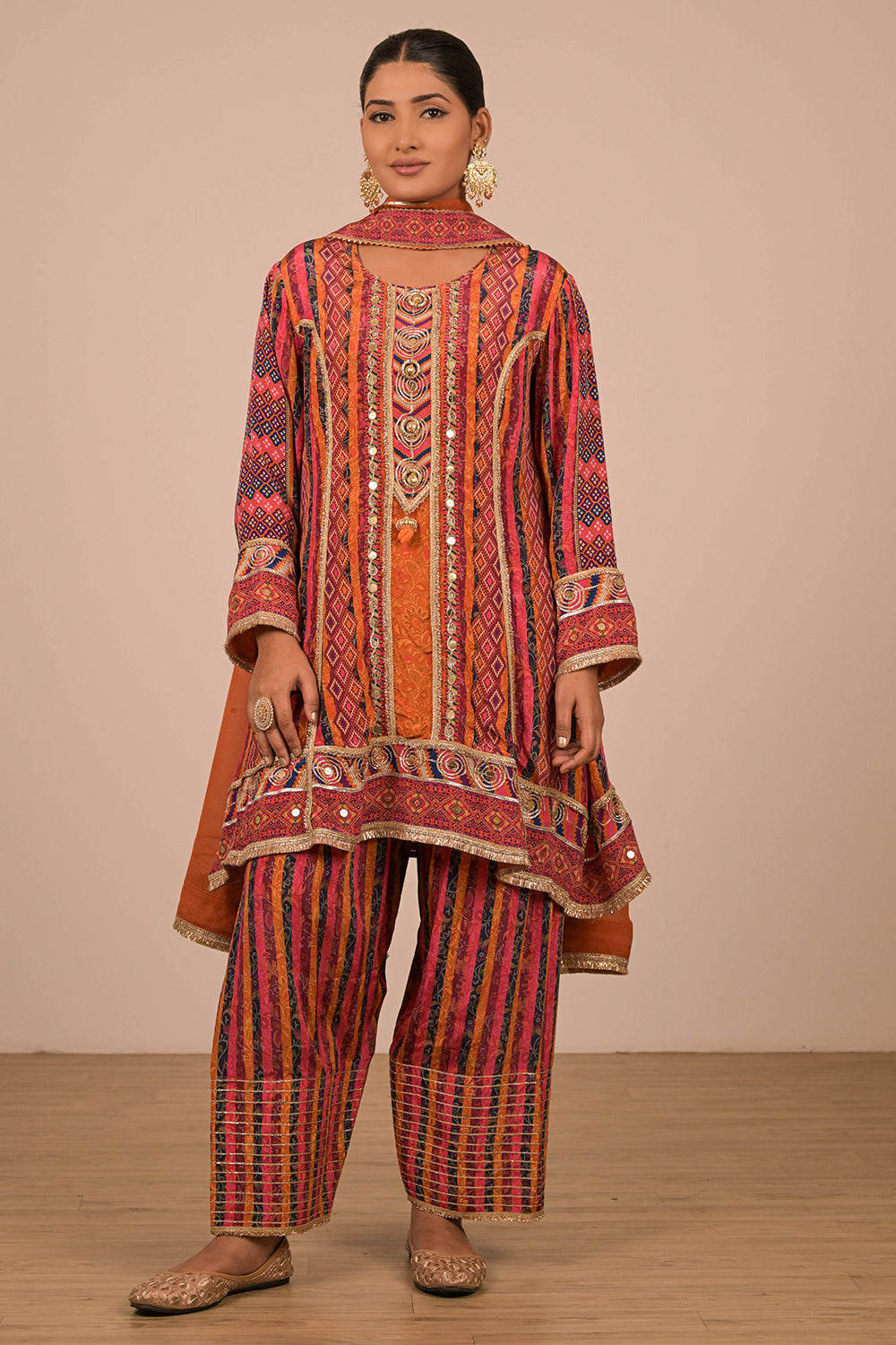 Orange Crepe Suit Set with Farsi Salwar with Canvas Tote Bag