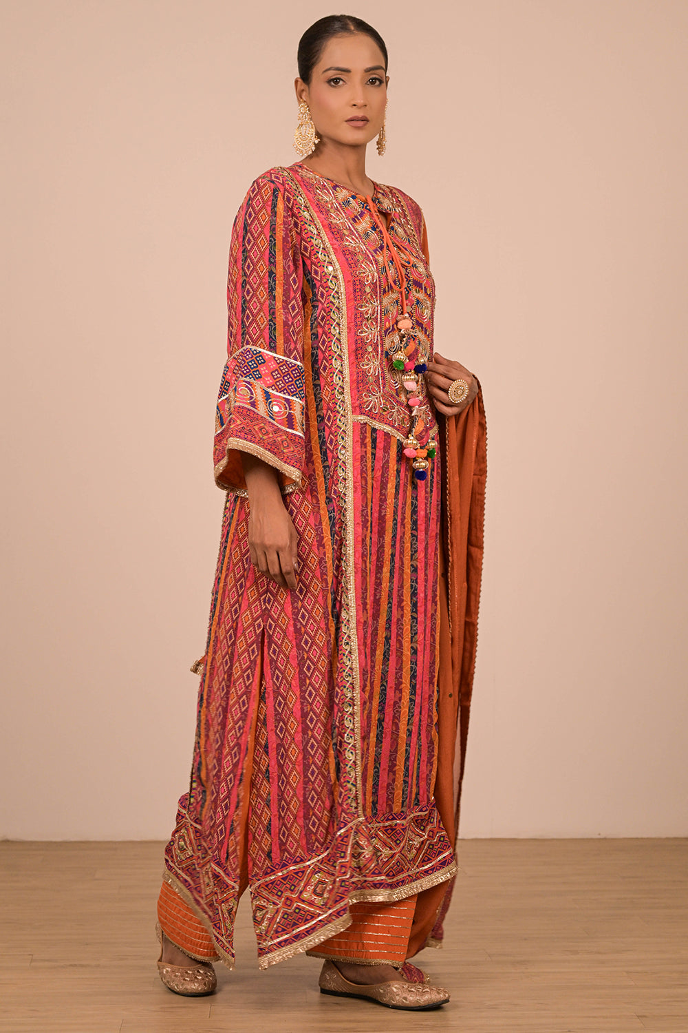 Orange Embroidered Crepe A-Line Suit with Dupatta & Canvas Tote Bag