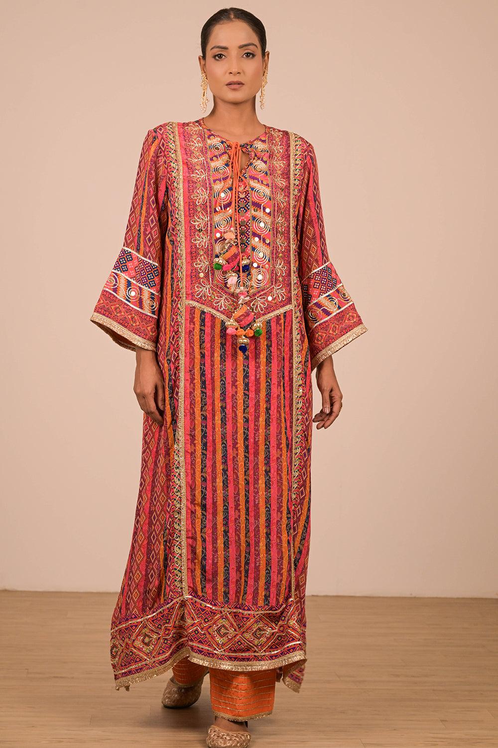 Orange Embroidered Crepe A-Line Suit with Dupatta & Canvas Tote Bag