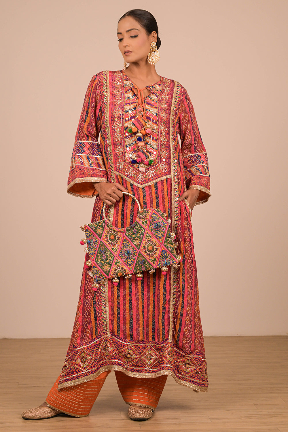 Orange Embroidered Crepe A-Line Suit with Dupatta & Canvas Tote Bag