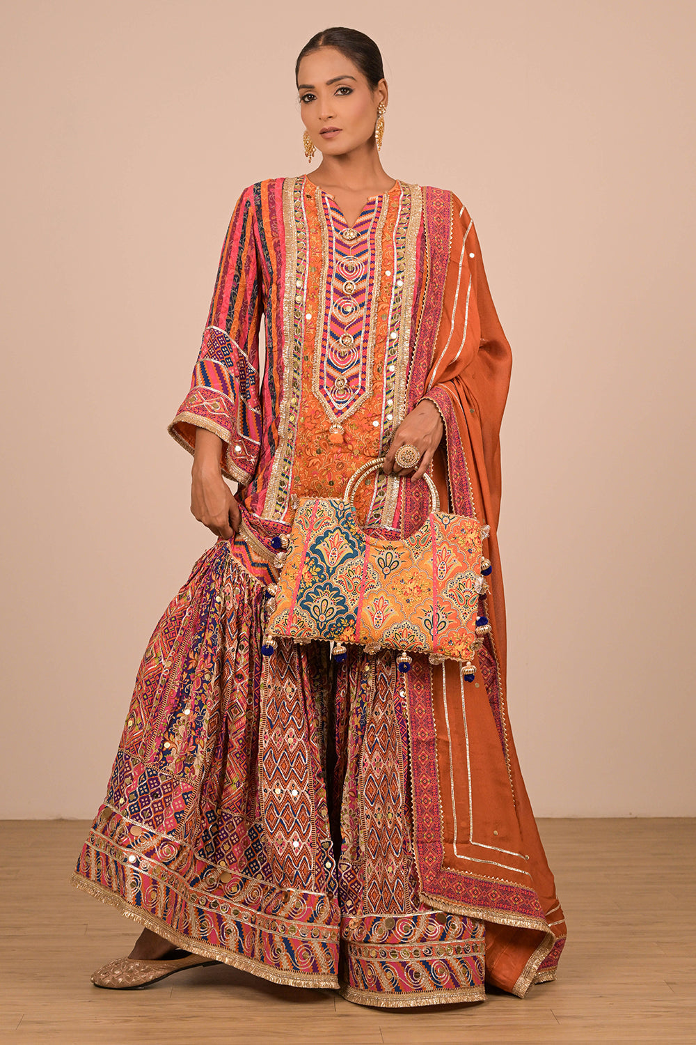 Orange Sharara Suit In Crepe Fabric with Canvas Tote Bag