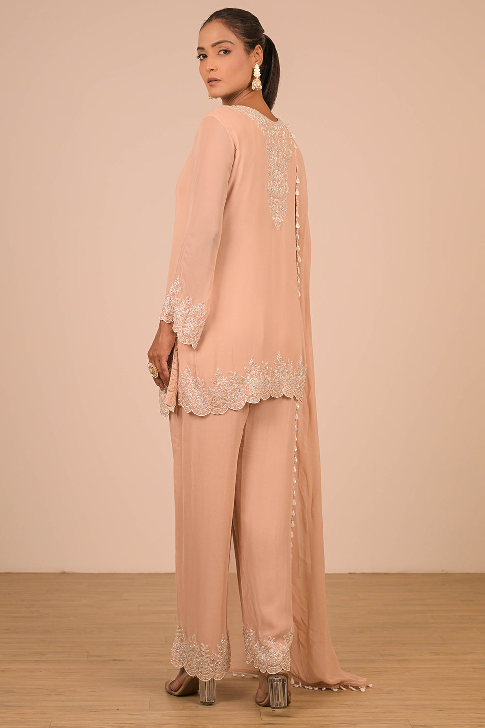 Peach Crepe Short Suit Set with Pearl Moti Embroidery