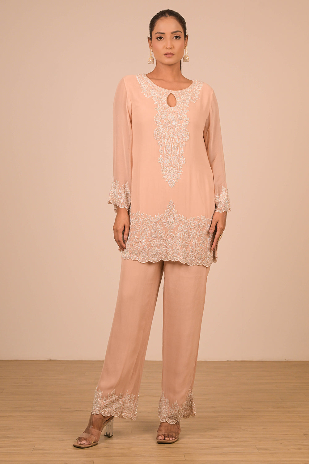 Peach Crepe Short Suit Set with Pearl Moti Embroidery