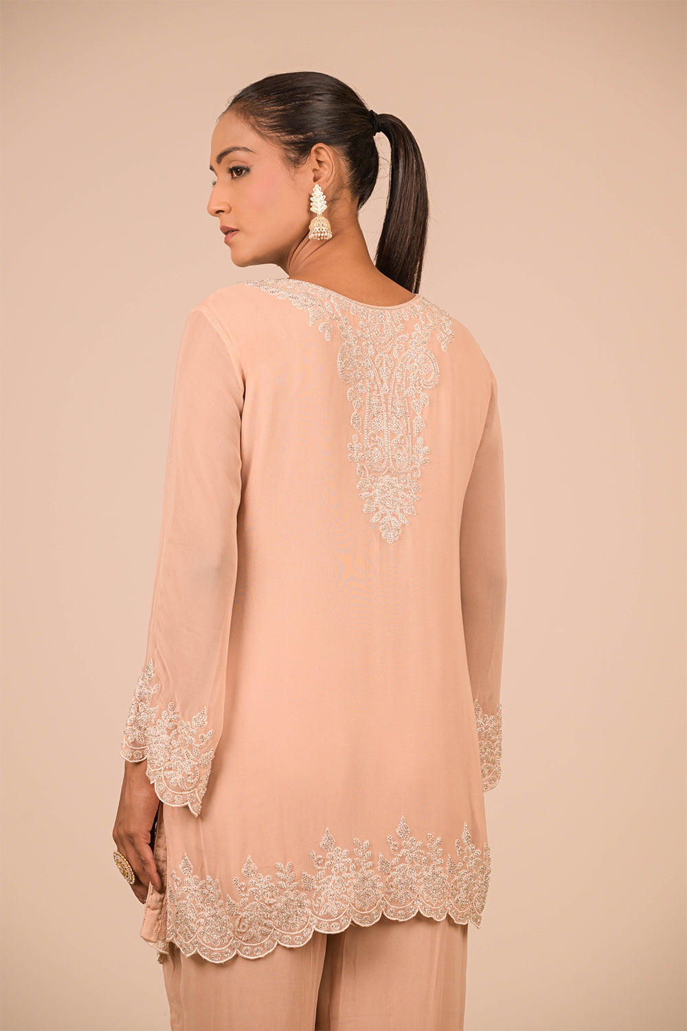 Peach Crepe Short Suit Set with Pearl Moti Embroidery