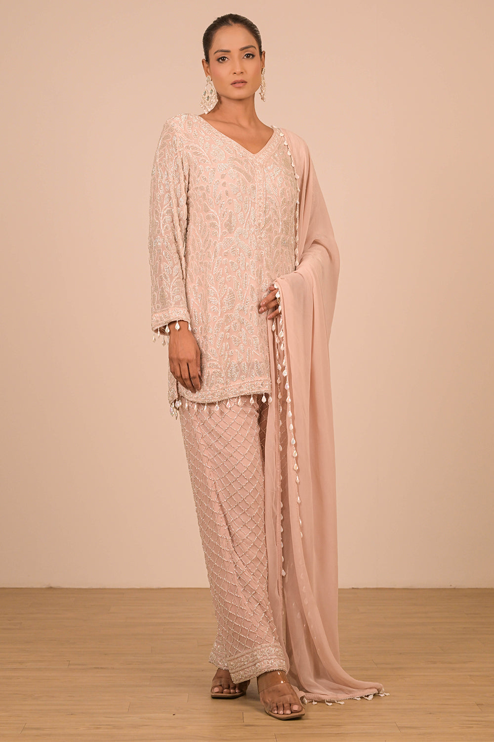 Peach Crepe Short Suit Set with Pearl Moti Embroidery