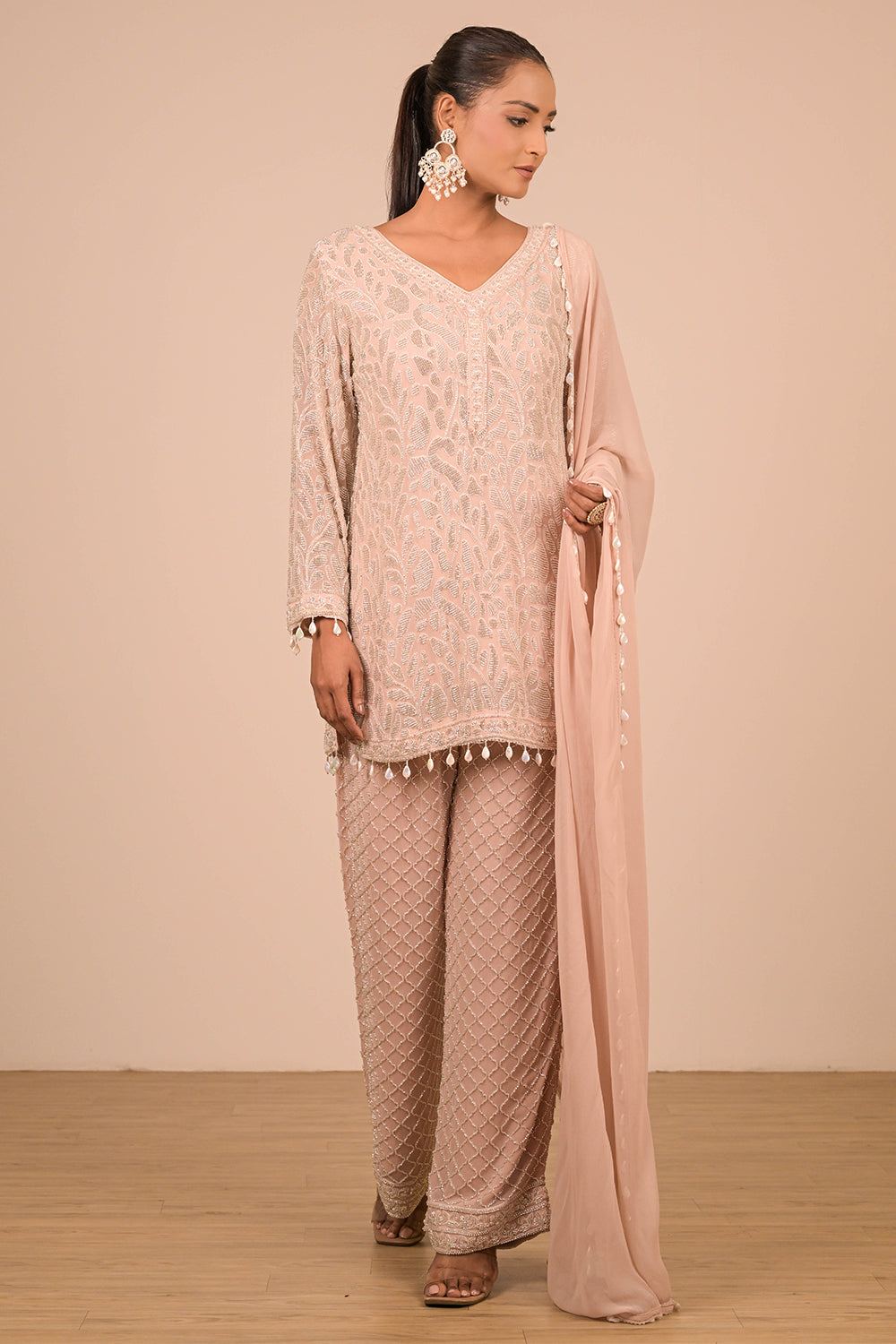Peach Crepe Short Suit Set with Pearl Moti Embroidery