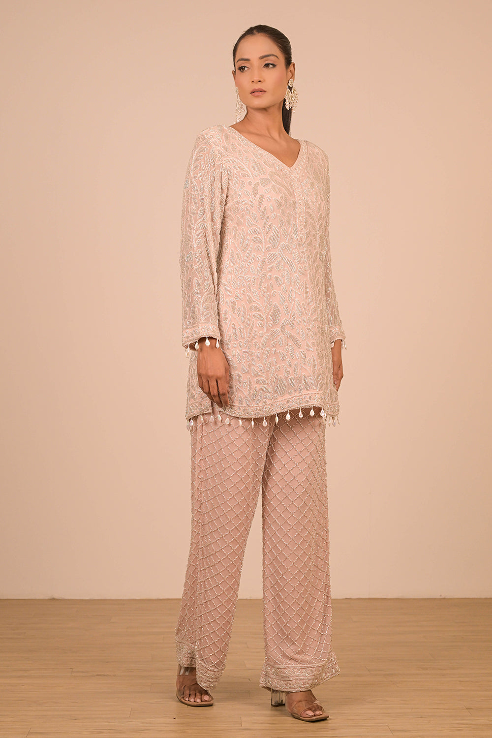 Peach Crepe Short Suit Set with Pearl Moti Embroidery