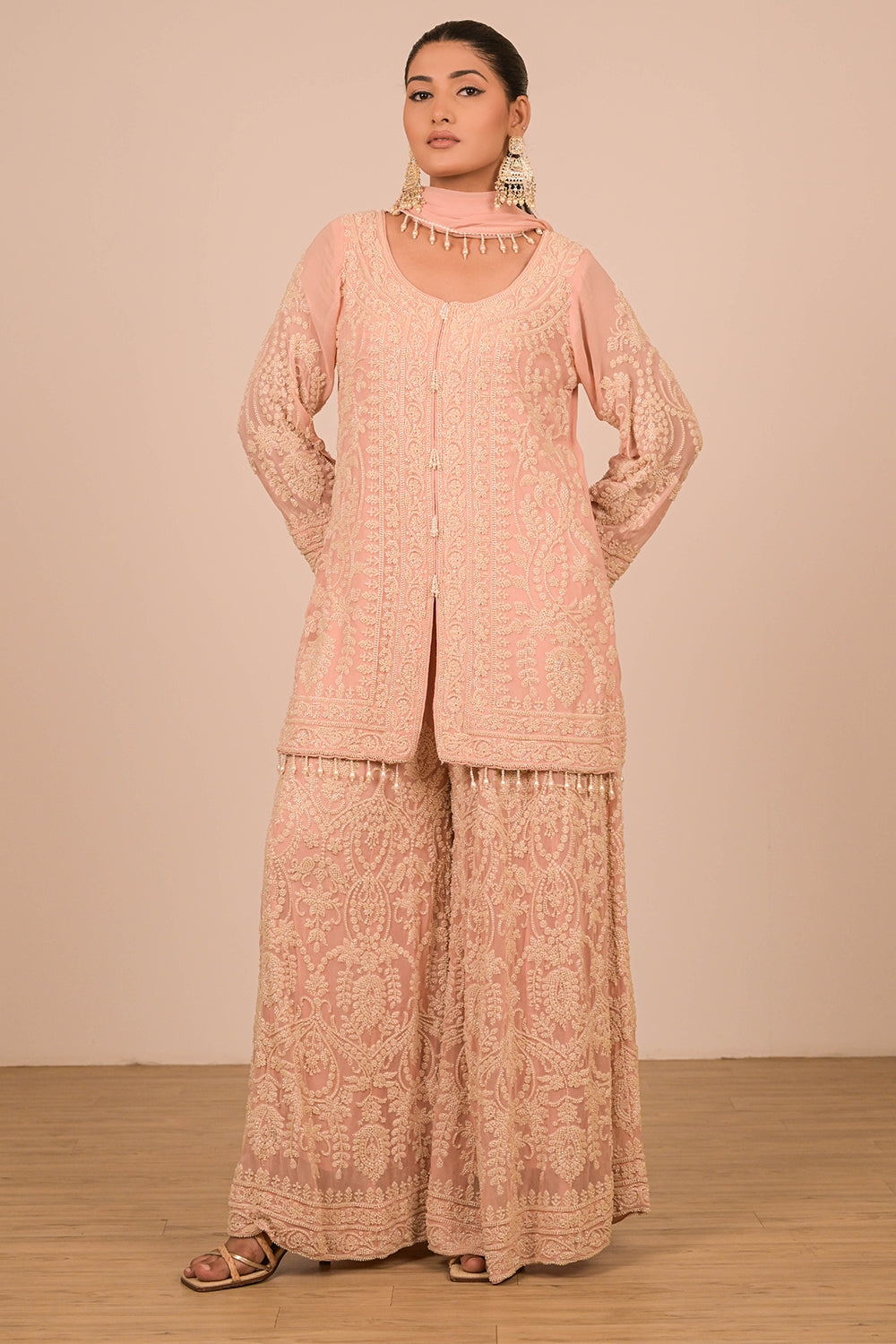 Peach Georgette Sharara Set with Intricate Moti Embroidery