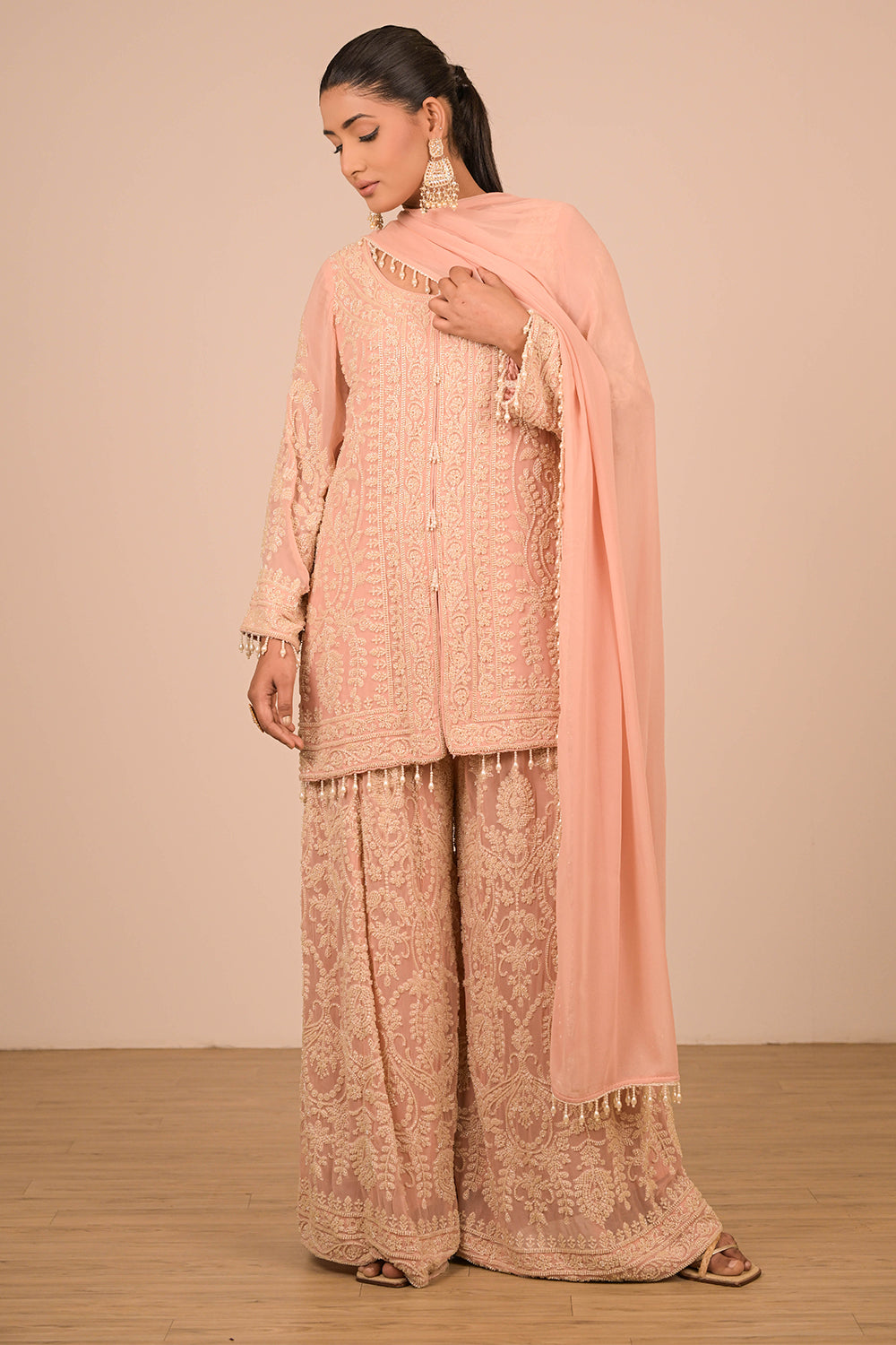 Peach Georgette Sharara Set with Intricate Moti Embroidery
