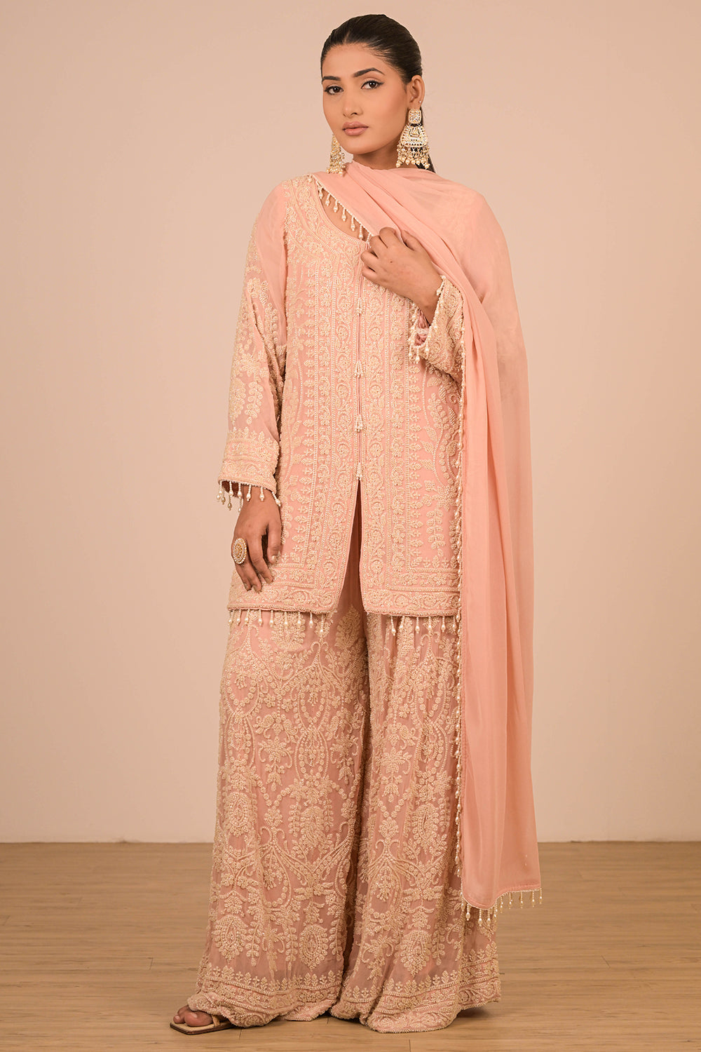 Peach Georgette Sharara Set with Intricate Moti Embroidery