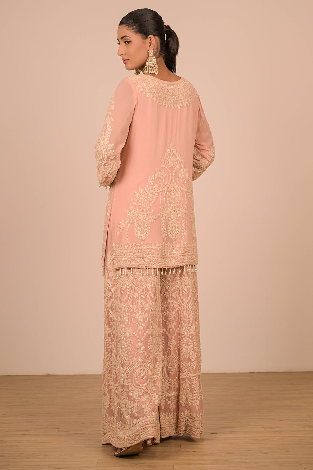 Peach Georgette Sharara Set with Intricate Moti Embroidery