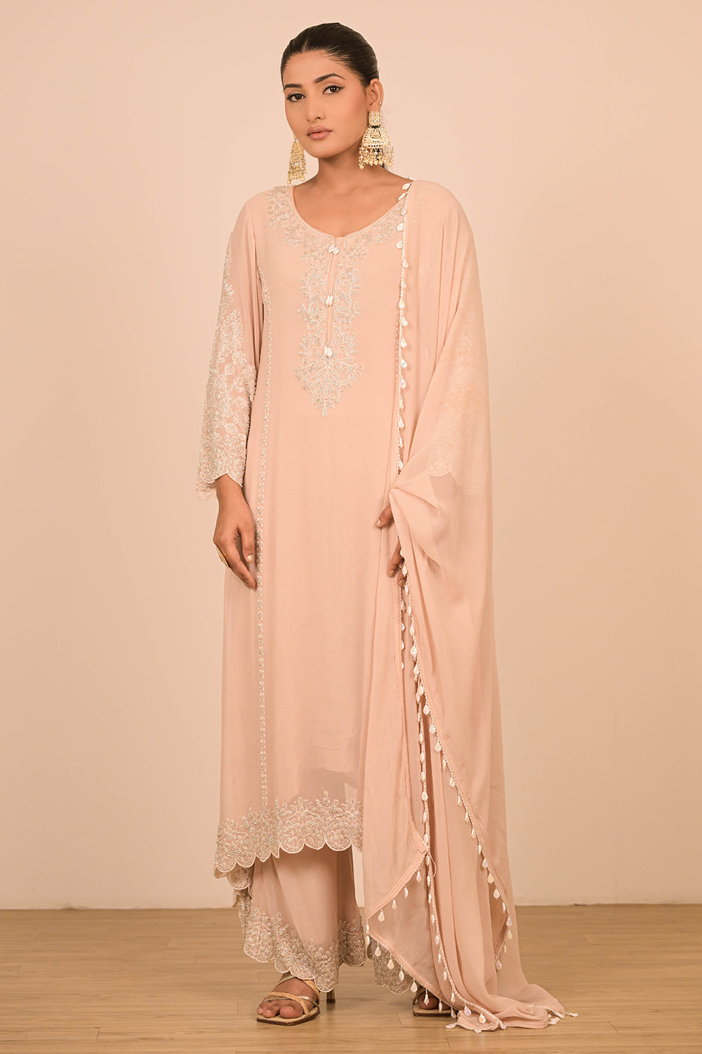 Peach Pearl Embroidered Georgette Suit Set with Scalloped Detailing & Tassel Dupatta
