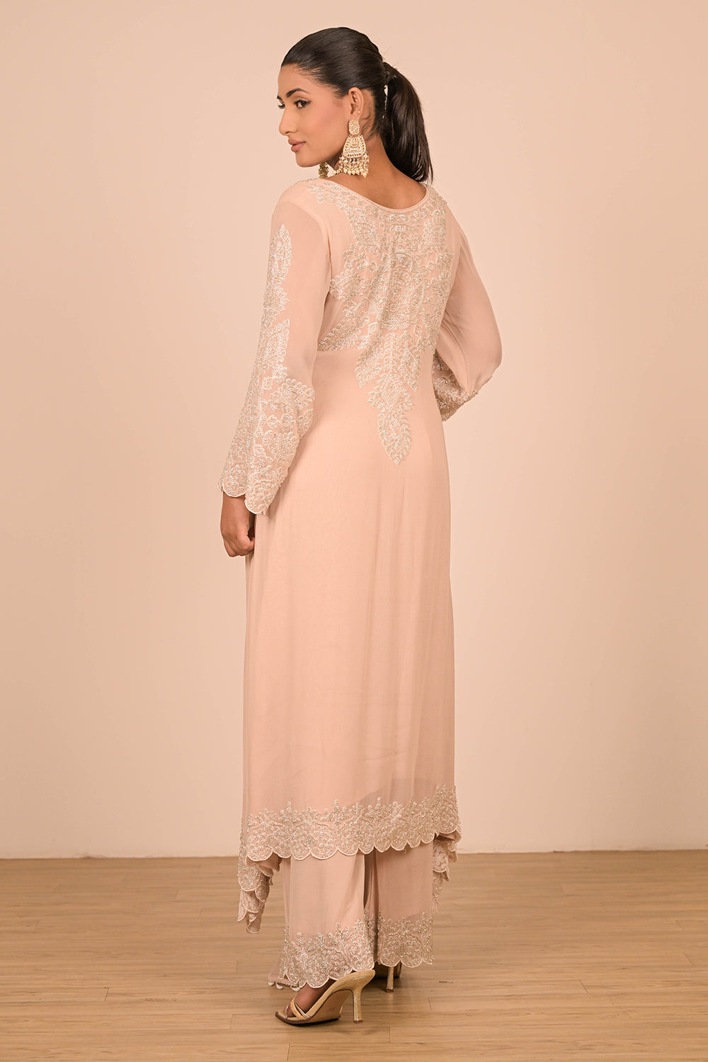 Peach Pearl Embroidered Georgette Suit Set with Scalloped Detailing & Tassel Dupatta
