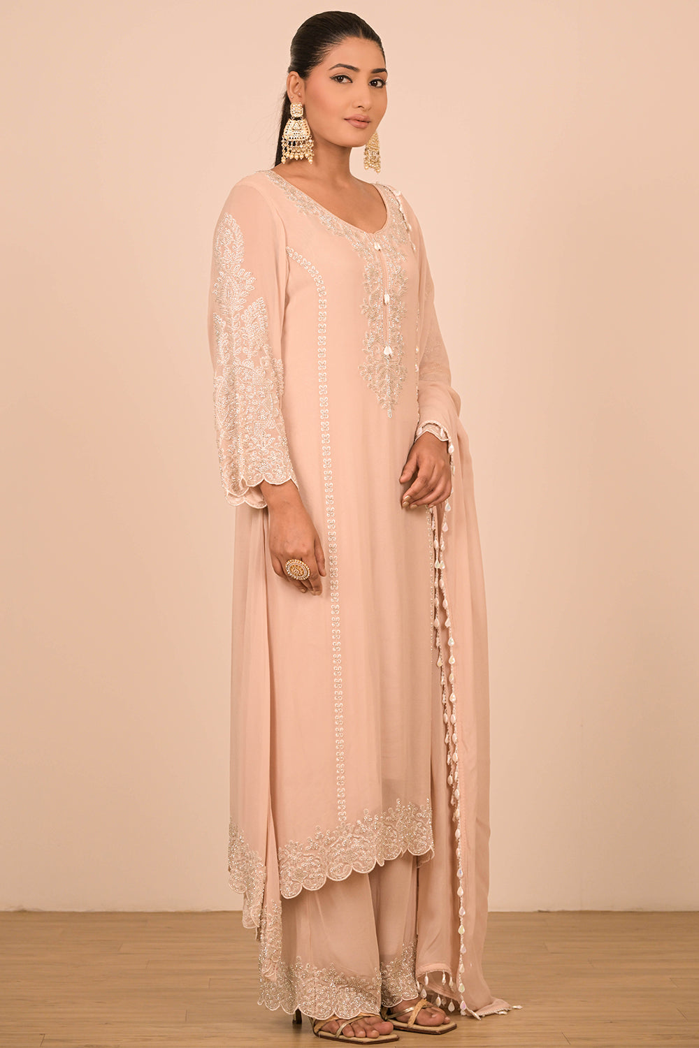 Peach Pearl Embroidered Georgette Suit Set with Scalloped Detailing & Tassel Dupatta