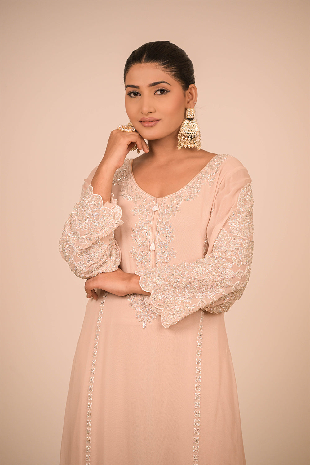 Peach Pearl Embroidered Georgette Suit Set with Scalloped Detailing & Tassel Dupatta