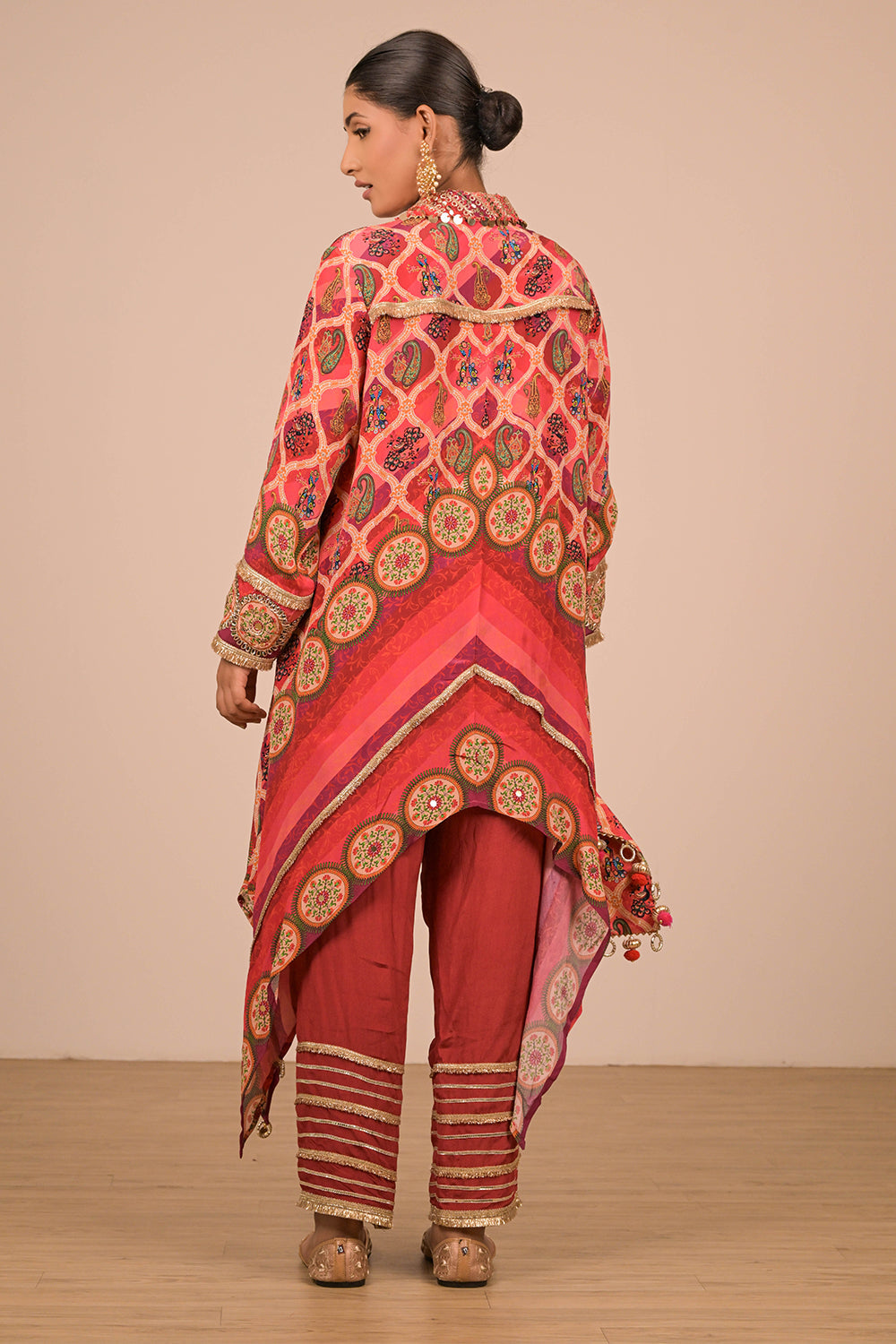 Persian Red Asymmetric Hem Kurta Set In Crepe Fabric with Canvas Tote Bag