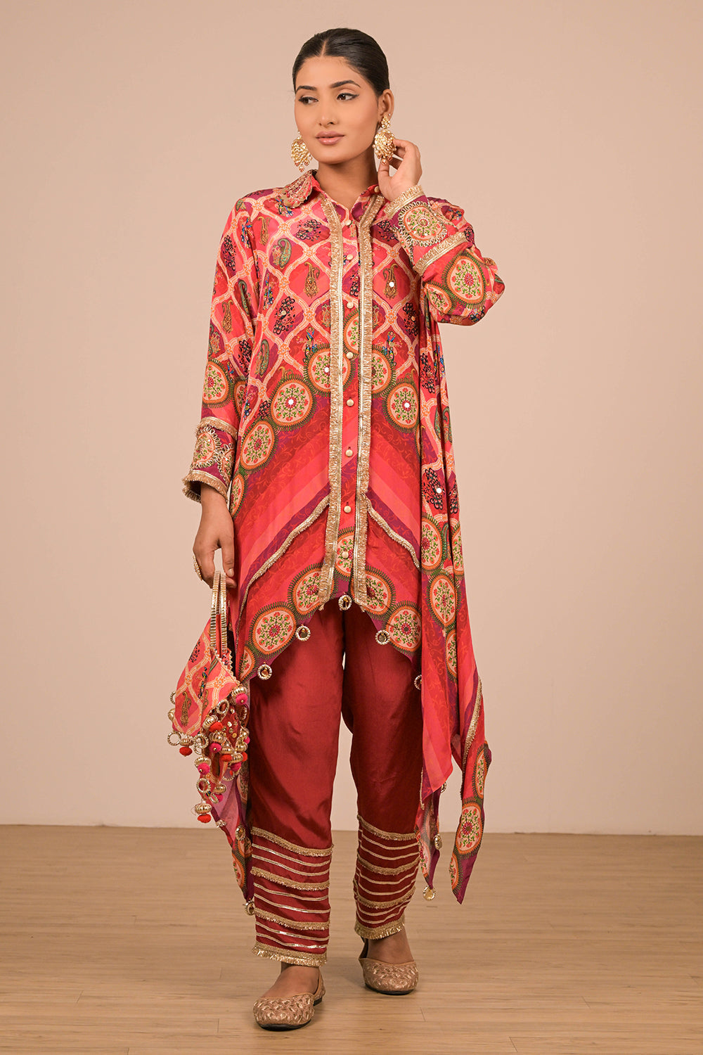 Persian Red Asymmetric Hem Kurta Set In Crepe Fabric with Canvas Tote Bag