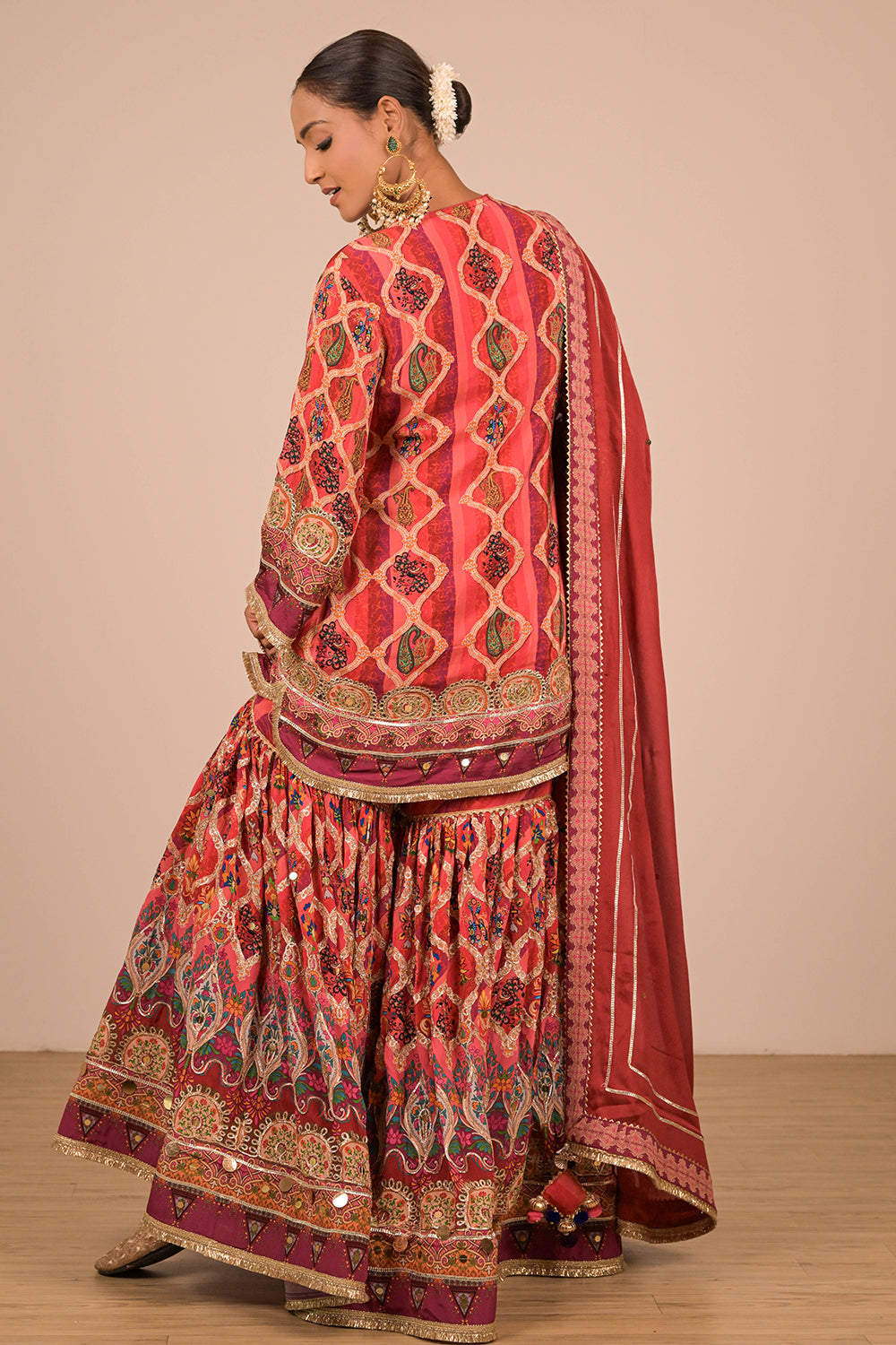 Persian Red Crepe Sharara Set with Canvas Tote Bag with Vibrant Print Motifs