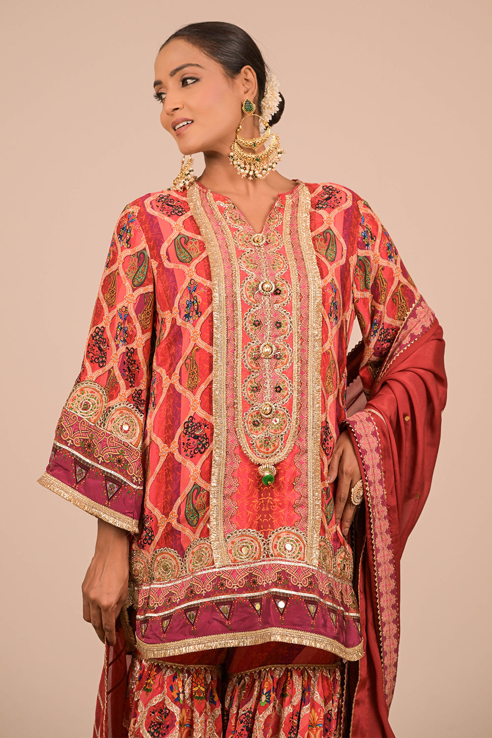 Persian Red Crepe Sharara Set with Canvas Tote Bag with Vibrant Print Motifs