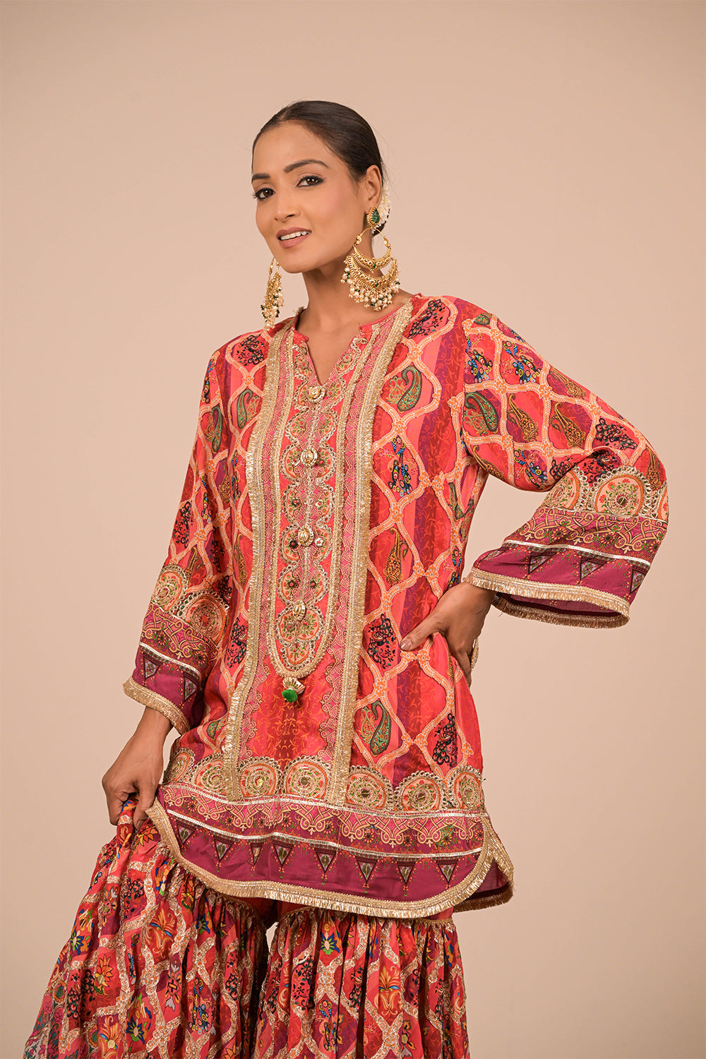 Persian Red Crepe Sharara Set with Canvas Tote Bag with Vibrant Print Motifs