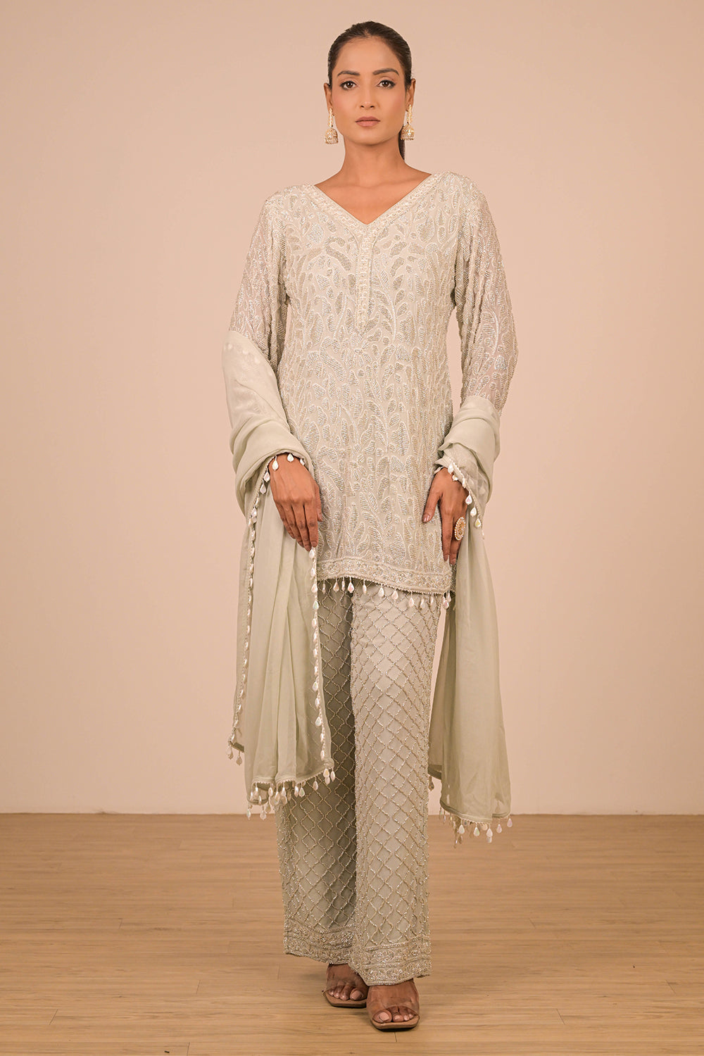 Pista Crepe Short Suit Set with Pearl Moti Embroidery