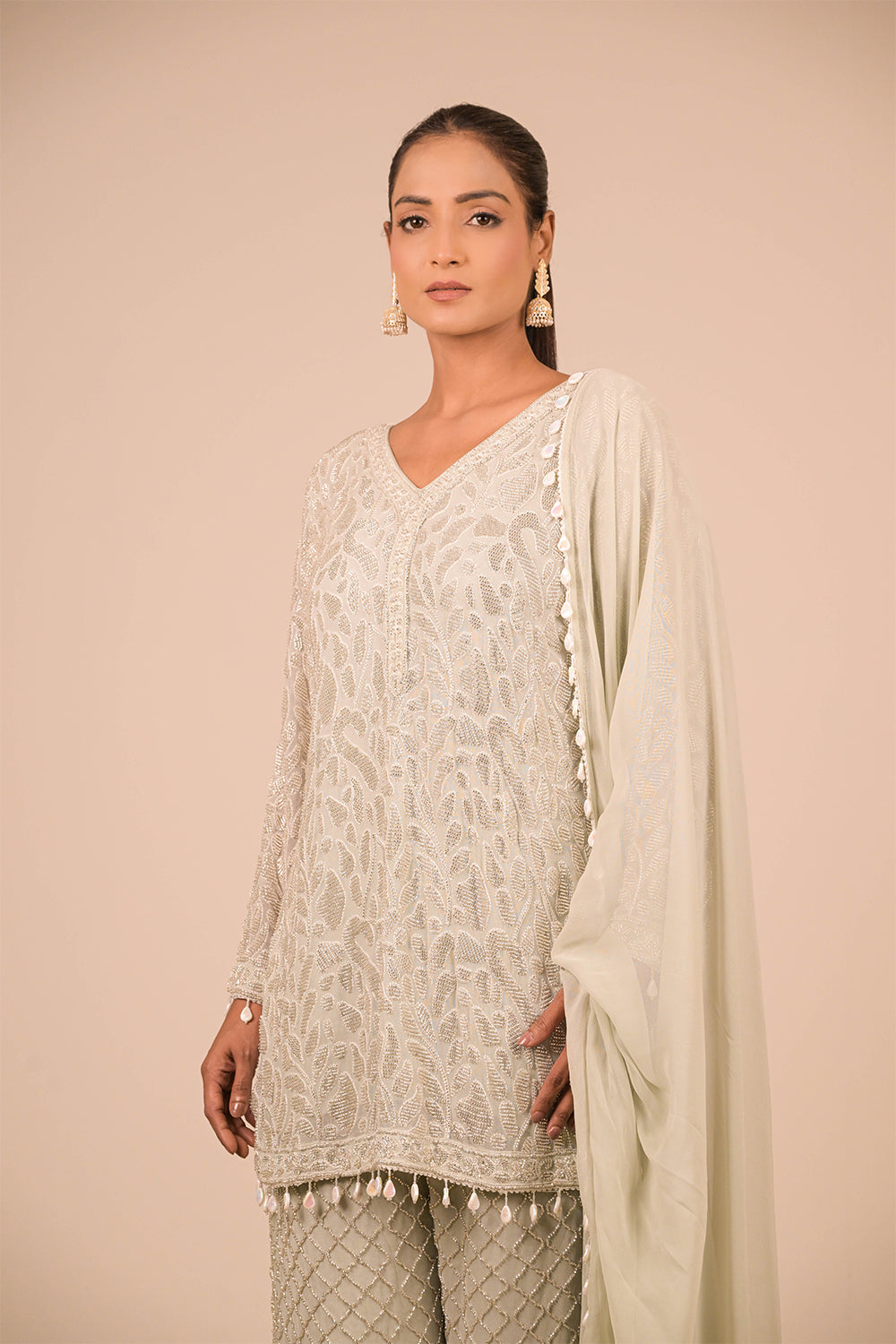 Pista Crepe Short Suit Set with Pearl Moti Embroidery