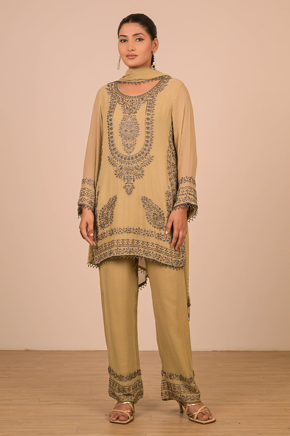 Pista Pearl Embroidered Georgette Kurta Set