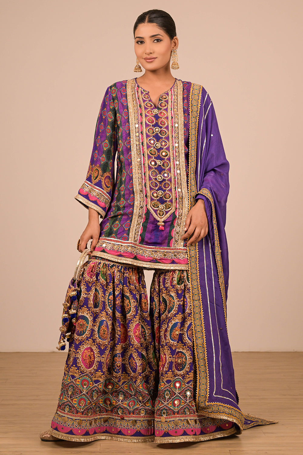 Purple Crepe Sharara Set with Canvas Tote Bag with Vibrant Print Motifs