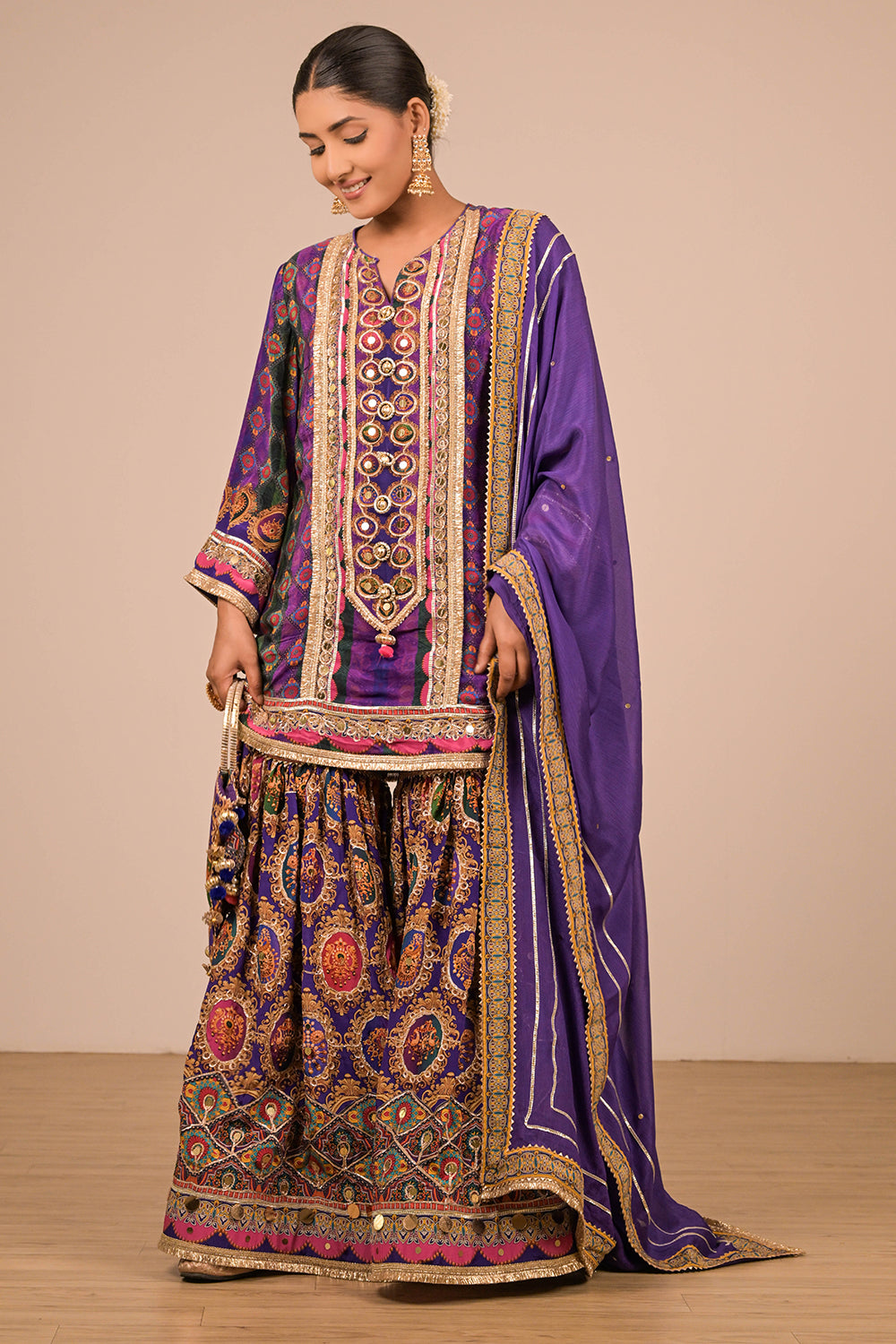 Purple Crepe Sharara Set with Canvas Tote Bag with Vibrant Print Motifs