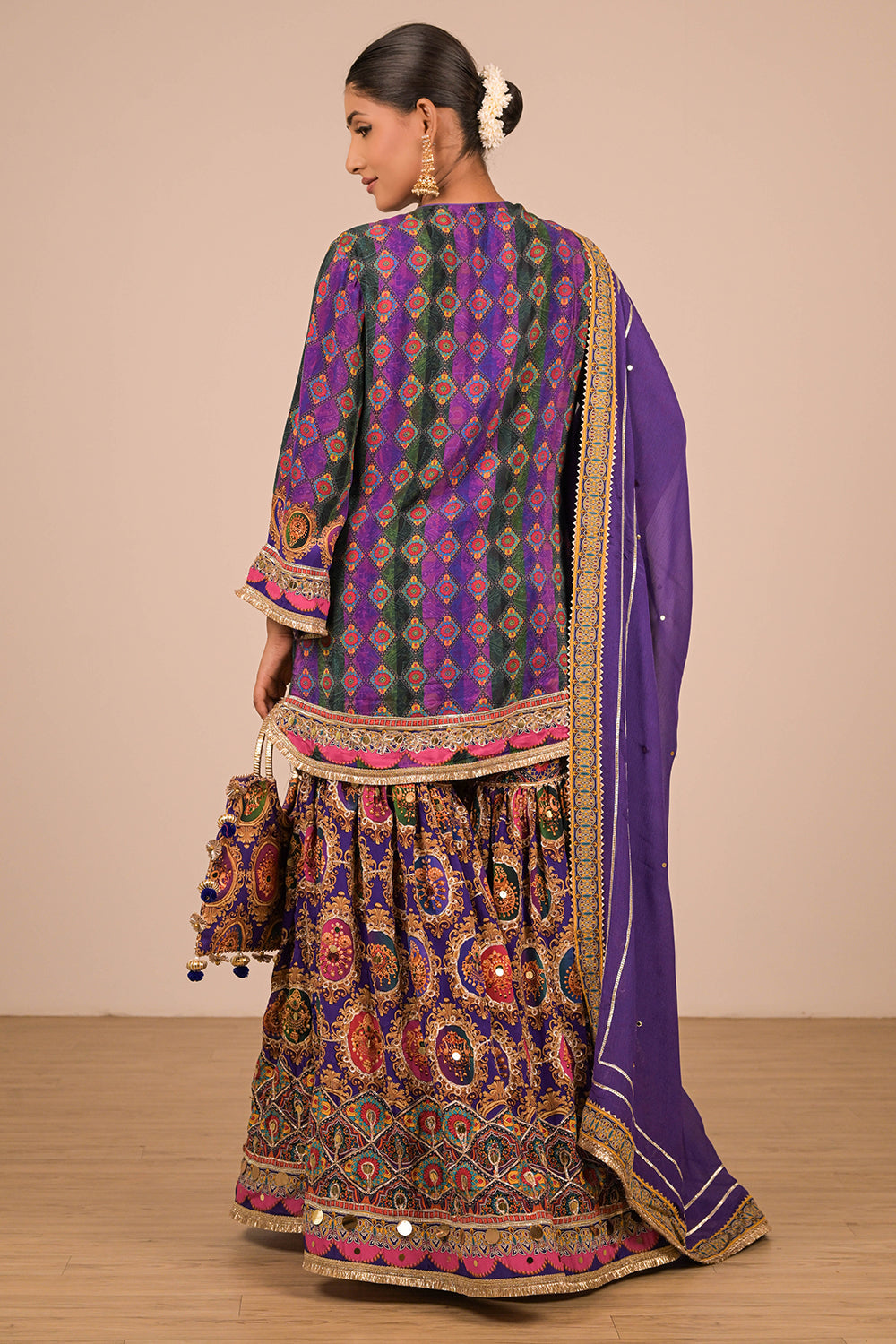 Purple Crepe Sharara Set with Canvas Tote Bag with Vibrant Print Motifs