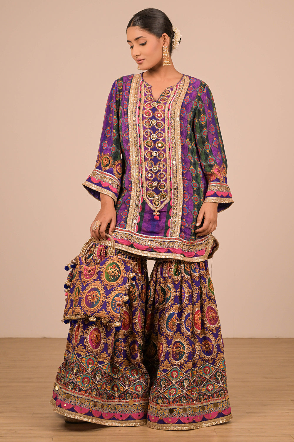 Purple Crepe Sharara Set with Canvas Tote Bag with Vibrant Print Motifs