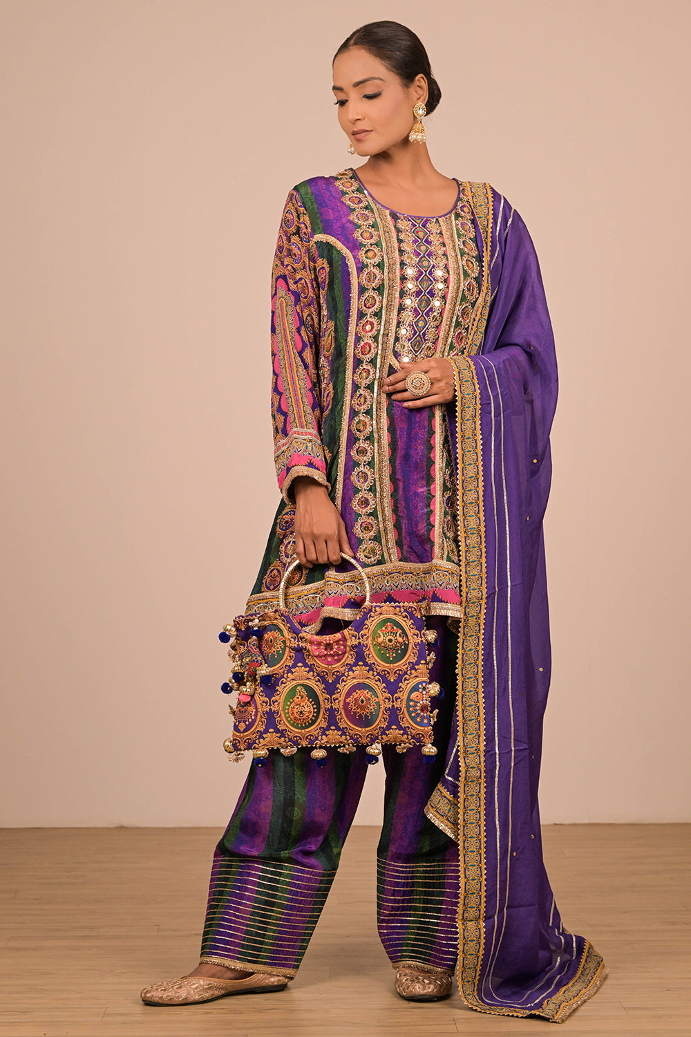 Purple Crepe Suit Set with Farsi Salwar with Canvas Tote Bag