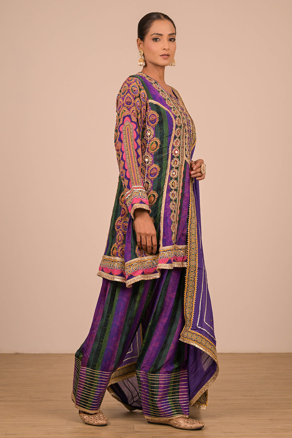 Purple Crepe Suit Set with Farsi Salwar with Canvas Tote Bag