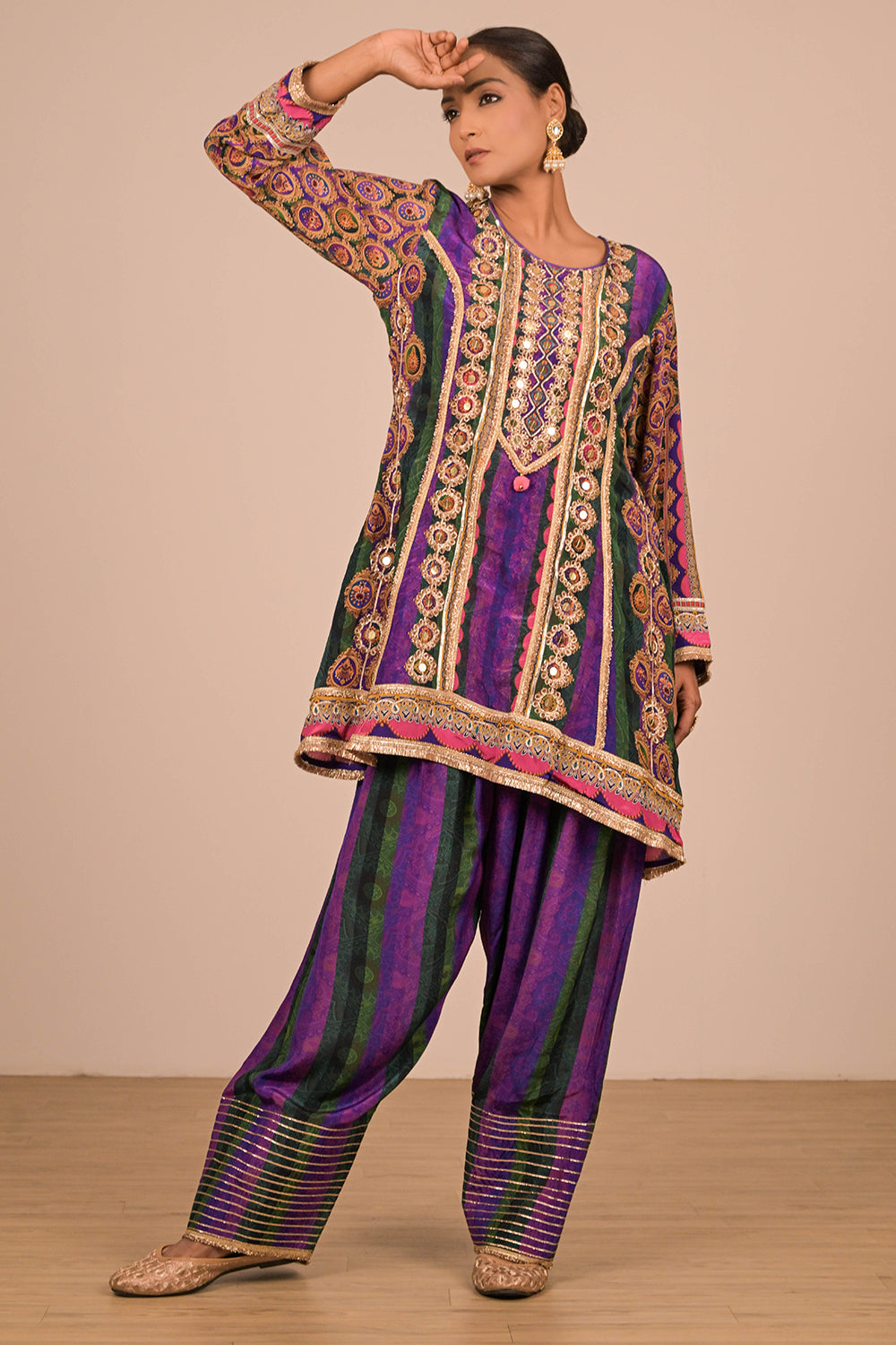 Purple Crepe Suit Set with Farsi Salwar with Canvas Tote Bag