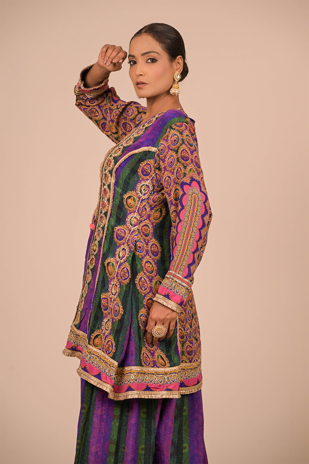 Purple Crepe Suit Set with Farsi Salwar with Canvas Tote Bag
