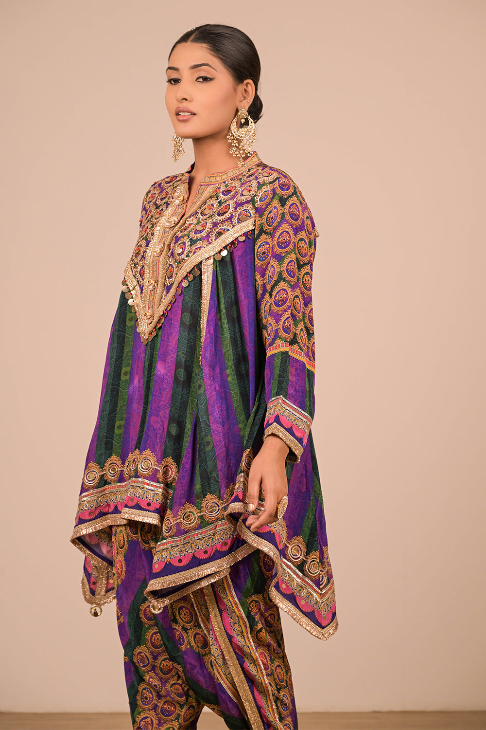 Purple Crepe Suit with Tulip Pant, Mirror Embroidery with Canvas Tote Bag