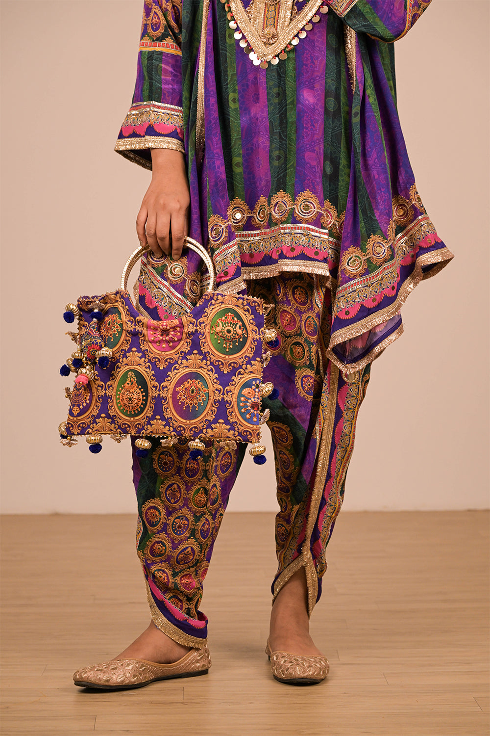 Purple Crepe Suit with Tulip Pant, Mirror Embroidery with Canvas Tote Bag