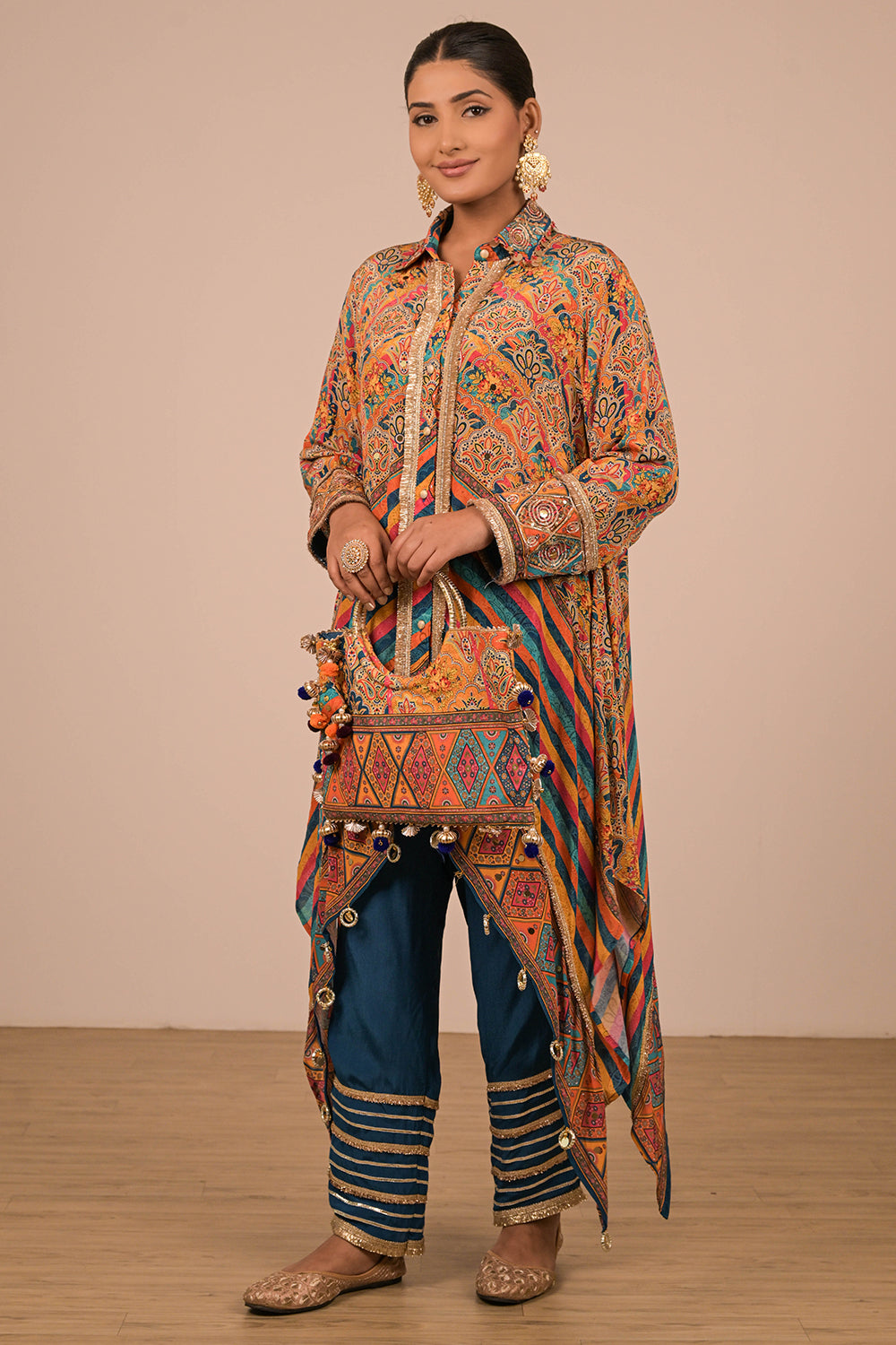 Sapphire Blue Asymmetrical Kurta Set  In Crepe Fabric with Canvas Tote Bag