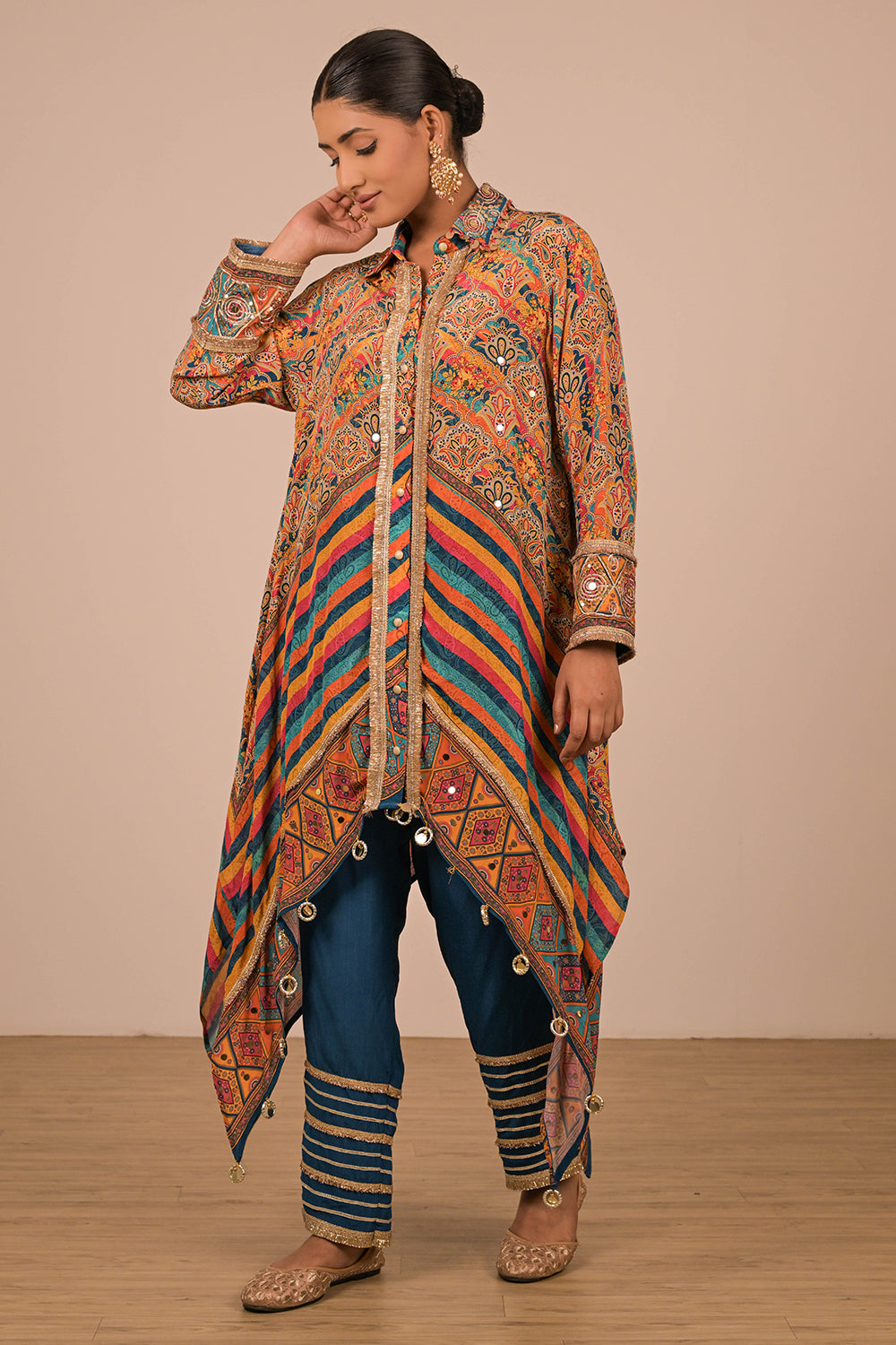 Sapphire Blue Asymmetrical Kurta Set  In Crepe Fabric with Canvas Tote Bag