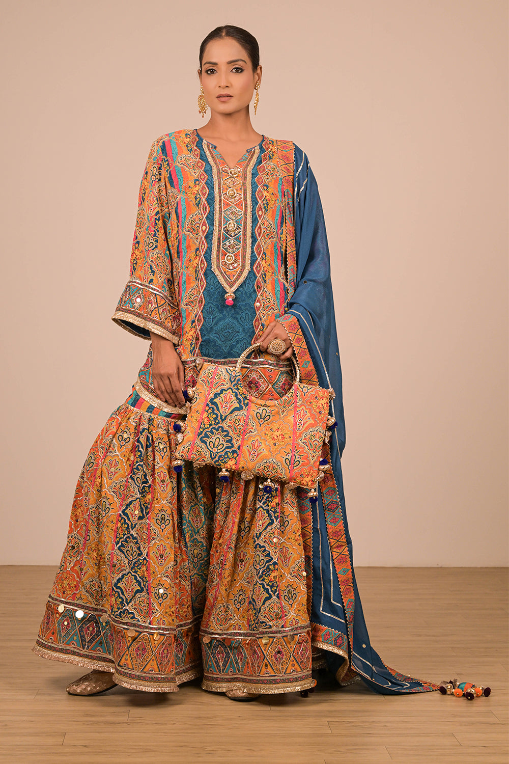 Sapphire Blue Crepe Sharara Set with Canvas Tote Bag with Vibrant Print Motifs