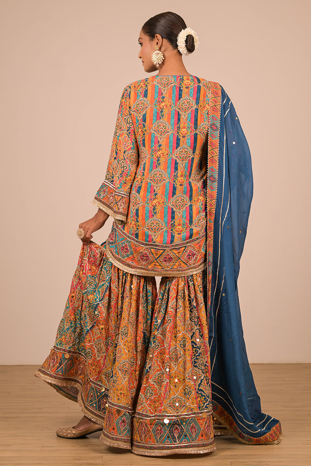 Sapphire Blue Crepe Sharara Set with Canvas Tote Bag with Vibrant Print Motifs