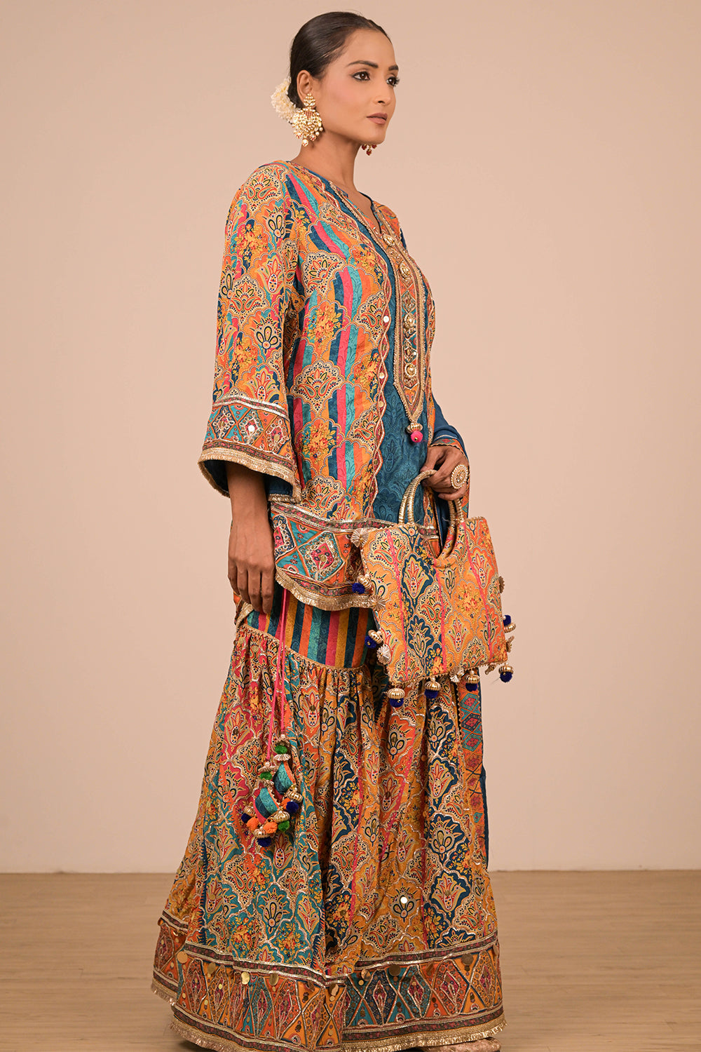 Sapphire Blue Crepe Sharara Set with Canvas Tote Bag with Vibrant Print Motifs